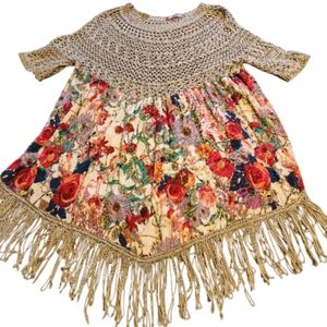 Boho Floral Fringe Crochet Yoke Women's Blouse - Gold Multicolor